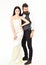Couple in love, bride and groom in elegant clothes, white background. Bearded hipster with attractive bride dressed up