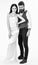 Couple in love, bride and groom in elegant clothes, white background. Woman in wedding dress and man in vest. Wedding