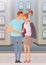 Couple in love on city street. The young man gave the girl his jacket. Embracing lovers. Vector illustration.