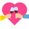 Couple in love clinking with wine vector illustration in valentines day. Two hands clinking cheers and pink heart in the