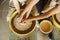 A couple in love creates a joint cup in a pottery workshop. Potter making ceramic pot on the pottery wheel