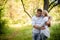 Couple in love cuddles in the autumn forest