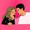 Couple in love, cute woman and man drinking pink color milkshake. Vector Valentine`s day pop art style illustration.