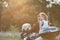 Couple in love enjoying a motorbike ride in countryside.