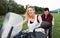 Couple in love enjoying a motorbike ride in countryside.