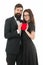 Couple in love. Family couple. Formal couple with red heart. Love romance. Couple on love date. Bearded man in tuxedo