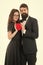 Couple in love. Family couple. Formal couple with red heart. Love romance. Couple on love date. Bearded man in tuxedo