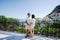 Couple in love holding hands and posed at Positano, Campania, Italy
