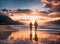 Couple in love holding hands at sunset on sandy tropical beach, background