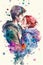 Couple in love hugging and kissing. Young love. ai generated. Watercolor illustration of kissing and hugging couple surrounded by