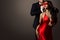 Couple Love Kiss, Man and Blindfolded Woman in Red Dress