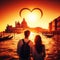 couple in love looking over canals in venice with big love heart