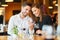 Couple in love looks at a diamond ring