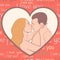 Couple in love, lovers beautiful man and woman hugging and kiss in shape of pink heart, on scarlet background with inscriptions i