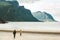 Couple in love Man running to Woman at sea Norway beach Travel happy emotions Lifestyle