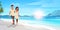 Couple in love man woman embracing on tropical island sea beach sunrise seascape summer vacation concept landscape