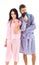 Couple in love in pajama, bathrobe stand back to back. Couple, family on sleepy faces in morning routine. Girl with