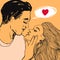 Couple in love, pretty woman and man want to kiss each other. Vector Valentine`s day pop art style illustration.