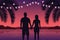 Couple in love on purple paradise palm beach with fairy lights