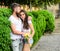 Couple in love romantic date walk nature park background. Man bearded hipster hugs gorgeous girlfriend. Great date tips