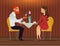 Couple in love, romantic evening in restaurant or cafe, young man presents ring with big diamond to his beloved. Long shot. Date.