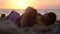 Couple in love romantically lay under the sun look each other kissing enjoying sunset in slow motion. 3840x2160