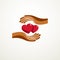 Couple in love simple vector logo or icon created with red glossy hearts and care protecting hands. Tender and loving relationship