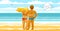 Couple in love standing on seashore beach and watching the sea vector illustrations, husband and wife, honeymoon lovers summer