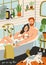 Couple in love taking bath together. Happy young man and woman in romantic relationships relaxing in bathroom. Lovers in