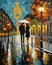 couple in love walking in Paris, night, fall, rainy, misty, digital painting, deep brush strokes