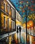 couple in love walking in Paris, night, fall, rainy, misty, digital painting, deep brush strokes