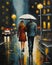 couple in love walking in Paris, night, fall, rainy, misty, digital painting, deep brush strokes