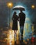 couple in love walking in Paris, night, fall, rainy, misty, digital painting, deep brush strokes