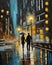 couple in love walking in Paris, night, fall, rainy, misty, digital painting, deep brush strokes