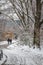 Couple in love walking by the river in the snow