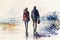 A couple in love walks along the coast of the ocean in cold weather, watercolor.AI generative