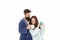 Couple in love wear bathrobe. family day at home. Couple enjoy lazy weekend and drink coffee. man and woman need relax