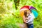 Couple in love young people hiding from the rain under an umbrella