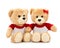 Couple lovely brown teddy bear with T-shirt and red bow isolated on white background