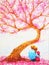 Couple lover sitting under love tree valentines day watercolor painting