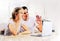 Couple lover talking and waving hand in a video conference on line with a laptop for contact friendship at home.
