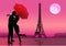 Couple of lovers in Paris at night, Moon on background. Vector illustration