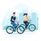 A couple of lovers ride modern electric bicycles. Alternative environmentally friendly transport, healthy lifestyle