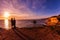 Couple lovers at sunset with purple over pacific ocean  coast