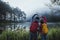 Couple lovers travel beatiful nature lake and forest , Pang oung lake at Mae Hong Son