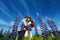 Couple in lupine flowers field