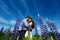 Couple in lupine flowers field