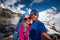 Couple makes selfie in the mountains on the way to Annapurna base camp