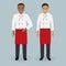 Couple of male and female chefs standing together in uniform. Cooking food characters. Restaurant team concept.