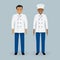 Couple of male and female chefs standing in uniform. Cooking food characters. Restaurant team concept.